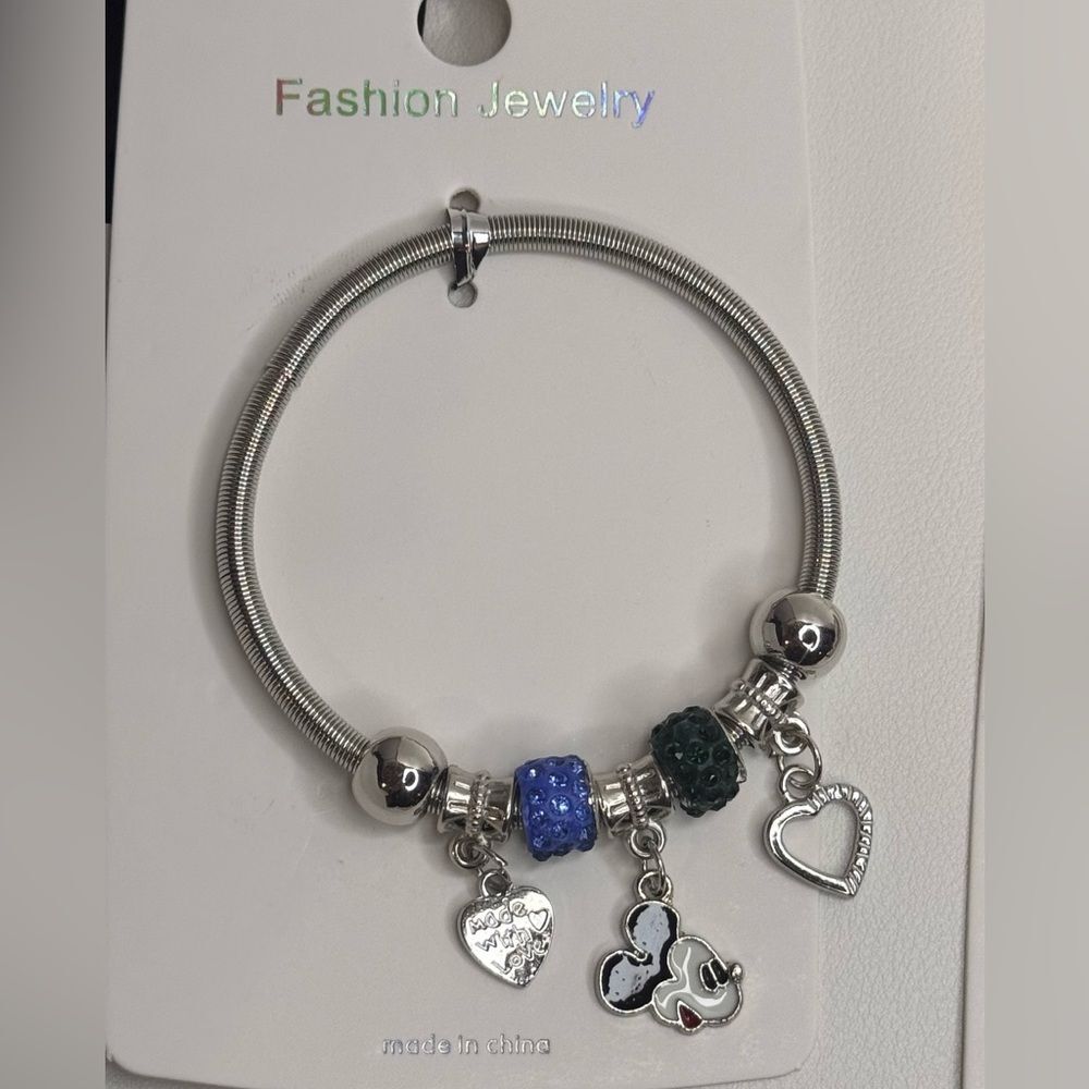 Fashion Jewelry Silver and Blue Mickey Charm Stretch Bracelet